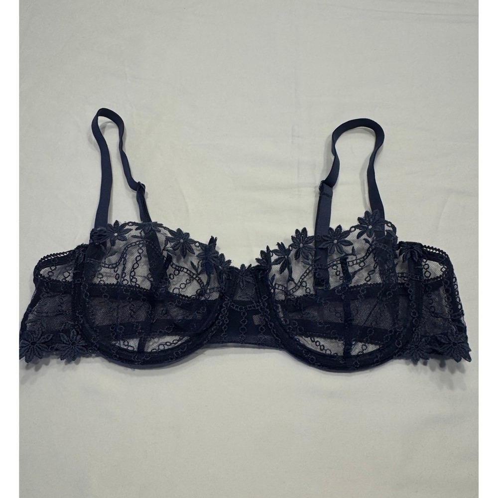 Etam Floral Lace Balconette Bra 32B Sheer Underwire Mesh Navy Blue Excellent